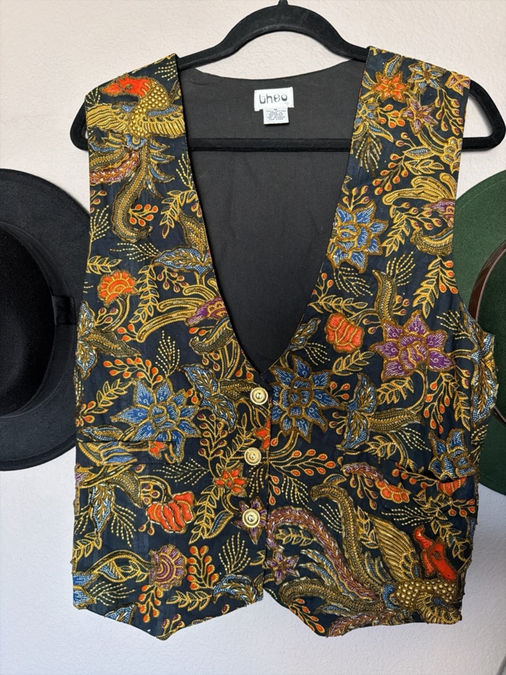 Vtg THEO Beaded Embellished Vest Floral Black